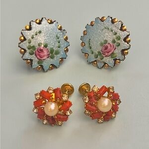 Vintage Screwback Earrings Costume Guilloche Faux Coral Rhinestones Pearl 2 Pair